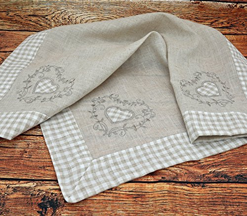 heimtexland Landhaus Tischdecke Vichy Karo 85 x 85 cm Natur Leinen Herz Stickerei Applikation Mitteldecke Country Chic Deko ÖKOTEX Typ502