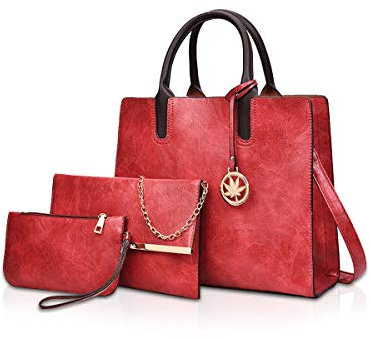 NICOLE&DORIS Sac à Main en Cuir 3 pièces sacoches Sac fourre-Tout Cuir pour Dames + bandoulière + Porte-Monnaie Rouge