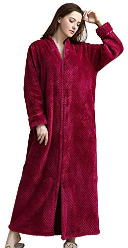 Kinloy Peignoir de bain léger et luxueux pour femme - Grande taille - Fermeture éclair - En flanelle - Rose rouge - XL 42-48, Rouge, XL