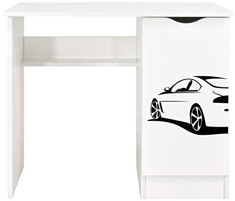 Leomark Weiß Kinderschreibtisch - Roma - Gemütlich Schreibtisch für Kinder mit Regal, Computertisch, Möbel für Kinderzimmer, Höhe: 77 cm (UV-Druck: Sportwagen)