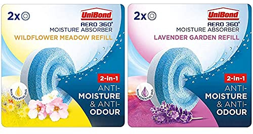 UniBond AERO 360° Moisture Absorber Wildflower Meadow Refill Tab, Aromatherapy & AERO 360° Moisture Absorber Lavender Garden Refill Tab, Aromatherapy, Twin Pack (2 x 450g)