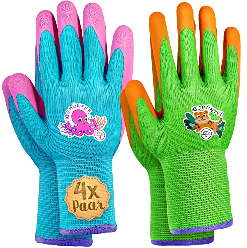 GRÜNTEK Kinder-Gartenhandschuhe mit Latex-Beschichtung – Schadstofffreie, Rutschfeste Arbeitshandschuhe für Kids, Atmungsaktiv und Bequem in Orange, Grün, Hellblau und Rosa, Gr. 3XS