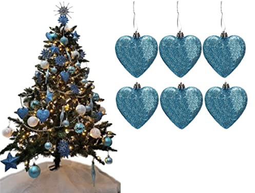 Simply Products 6 Heart Baubles - Great Christmas Tree Decorations, Glitter Heart Baubles (Ice Blue Glitter)