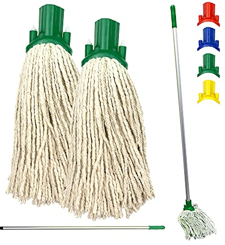 Colour Coded Floor Mop Set – 120cm Long Aluminium Mop Handle and Pack of 2 String Heads Replacement for Domestic and Commercial Cleaning (Green)