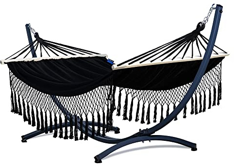 Potenza Outdoor Hängematte mit Gestell für 2 Personen I Stabhängematte XXL 220x160, 200kg I Verzinkter Hängemattengestell 220kg Wetterfest (Santia-Schwarz, Basic Gestell Graphit)