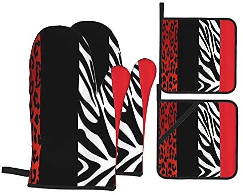 Set di guanti da forno e presine, motivo leopardo rosso e zebra, resistenti al calore e impermeabili, set da 4 pezzi
