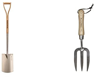 Kent & Stowe Gärtnerspaten – Profi-Spaten aus Edelstahl, für Harte und steinige Böden & Handgabel – Blumengabel aus Edelstahl für die Gartenpflege, Gartengabel mit kurzem Stiel aus Eschenholz, 31 cm