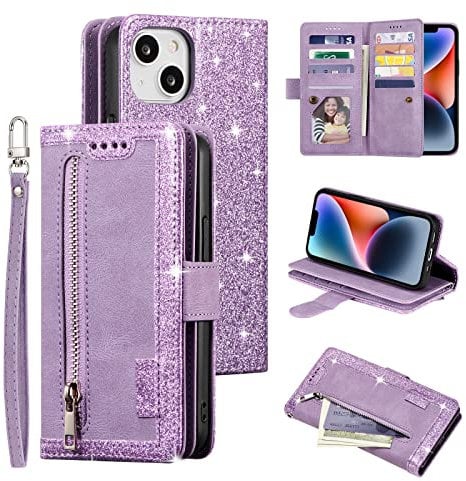 EYZUTAK Wallet Phone Case for iPhone 14 Plus, Retro Matte 9 Card Holder Slots Zipper Pocket Case PU Leather Magnetic Closure Kickstand with Wrist Strap Folio Flip Case - Purple