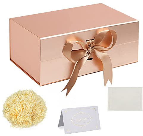 Set Scatola Regalo, Scatola Regalo Oro Rosa con Nastro Scatola Regalo Profondo Coperchi Magnetici Scatola Regalo 28x18x12cm Biglietti Auguri Carta Velina Tagliuzzata per Natale Compleanno Matrimonio