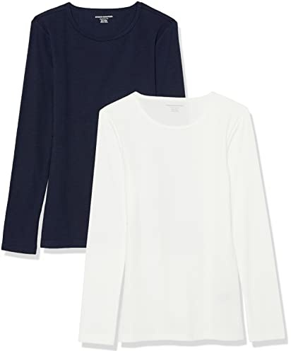 Amazon Essentials Women's Slim-Fit Long Sleeve Rib Knit Crew Neck Top (Available in Plus Size), Pack of 2