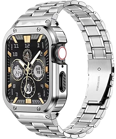 MioHHR Stainless Steel Watch Band with Case Compatible for Apple Watch Bands 40/41 mm,Rugged Strap with Metal Protective Bumper Cover for iWatch Series 8/7/6/5/4/SE for Men(Silver)