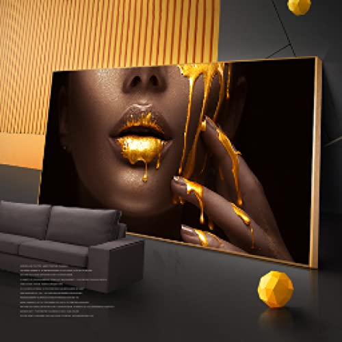 Leinwandbild XXL, Golden Lips Poster Leinwanddrucke Sexy Schwarzes Frauengesicht mit goldener Flüssigkeit Bilder Wandkunst Modernes Dekor 80 x 160 cm Rahmenlos