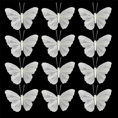 YCHTEWY Feder-Schmetterlings-Dekorationen, Set mit 12 weißen Schmetterlingen auf Draht, Party, Frühling, Heimdekoration, Blumenbilder