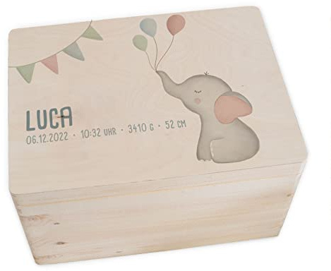 hellomini Personalisierte Erinnerungsbox Baby - Erinnerungskiste mit Namen aus Holz - Geschenk zur Geburt für Mädchen & Jungen - Babygeschenke (Elefant, S: 30x20x14cm)