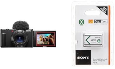 Sony ZV-1II Vlog-Kamera | Digitalkamera (Weitwinkel-Zoomobjektiv, verstellbares Display für Vlogging, 4K Video, multidirektionales Mikrofon) + Zusatzakku