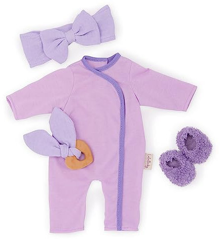 LullaBaby – Baby Puppe Pyjama Outfit – 36 cm Baby-Puppen-Kleidung – Lila Pyjama-Strampler – Stirnband, Beißring & Hausschuhe Zubehör – Fantasievolles Spiel – Spielzeug für Kinder ab 2 Jahren