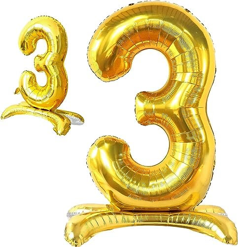Stehende Luftballons * Zahlen 0 bis 9 * in Gold + Silber + Rosegold | 86cm groß; kein Helium nötig | Stehballons Geburtstag Deko Zahl Party Kindergeburtstag Partydeko, Farbe: Zahl 3 Gold