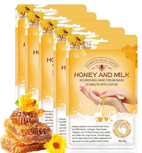 P-Beauty Handmaske 5 Paar mit Honig & Milchextrakt | Peelingmaske | Handcreme & Pflegecreme | Anti-Aging | Feuchtigkeitshandschuhe mit Vitaminen, Mineralstoffen & Kollagen | trockene, rissige Hände
