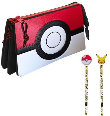 Pokemon Federmäppchen für Jungen, Dreifaches Federmäppchen im Pokeball-Design, Schulset Enthält 2 Bleistifte und 2 Radiergummis, Schulbedarf für Kinder