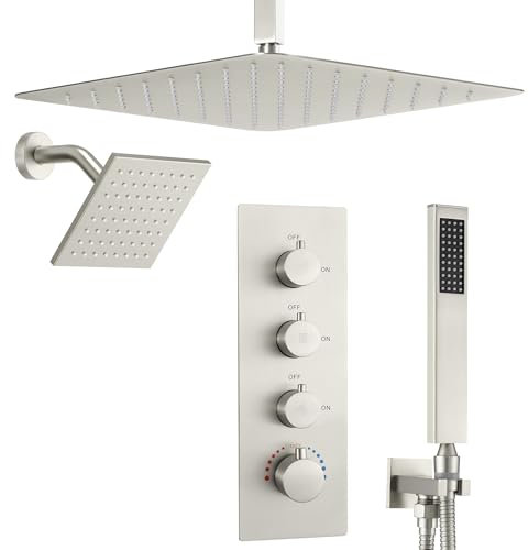 (Updated) JetsBath Brushed Nickel Thermostatic Dual Shower Head System with Handheld, 16’’ Ceiling Shower Faucet Set with 6’’ Wall Mount Shower Head, Full Body Shower Fixture with Valve