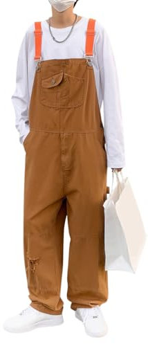 Oanviso Salopette Uomo Overalls Elasticità Salopette in Denim Casual Pantaloni Strappati Loose Fit Moda Ragazzo Jumpsuit Pagliaccetti da Lavoro con Bretelle I Kaki M