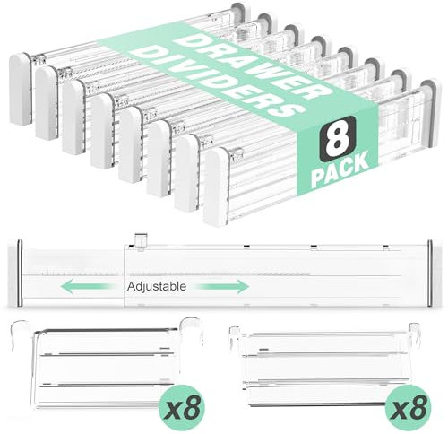 FUNIZE Separadores de cajones expandibles, organizadores de cajones transparentes para utensilios, ropa con 8 separadores de cajones (12.6-22.8 pulgadas), 16 insertos (3.9-7.1 pulgadas), cajón de