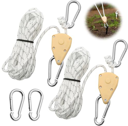 2 Pezzi Cricchetto per Corda 4M, Corda Cricchetto con Gancio Bianco 1/8 con 2 Moschettoni di Ricambio in Metallo, Cricchetto a Corda Regolabile per Lampada da Pianta, Tenda, Escursioni