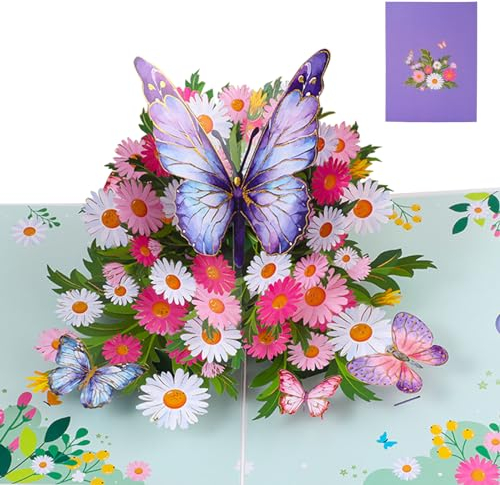 Hierein Biglietto Auguri Compleanno, Farfalle e Margherite Biglietti Auguri Compleanno con Busta, 3D Romantico Biglietto Pop Up per Mamma Moglie Fidanzata Ragazza, Compleanno San Valentino