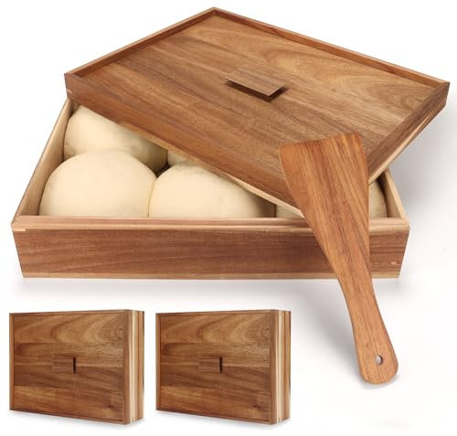 Oranbulb Acacia Wood Pizza Dough Proofing Box With Lid Set-2 Pack, Large 16 X 12 Inch Pizza Dough Proofing Container Vintage Proofing Container Tray With Spatula For Pizza Bread Dough