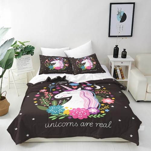 ANHOPE Regenbogen Einhorn Mond Blume Bettwäsche Set 3 Teilig Bettbezug 155x220 cm + 2 Kissenbezug 80x80 cm Weich Microfaser Bettbezüge mit Reißverschluss Bettdeckenbezug Set für Kinder Mädchen