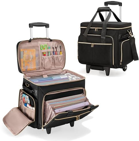 Prokva Rolling Teacher Bag with Wheels, Detachable Trolley, Fits 15.6” Laptop & Supplies, Black Patent Design