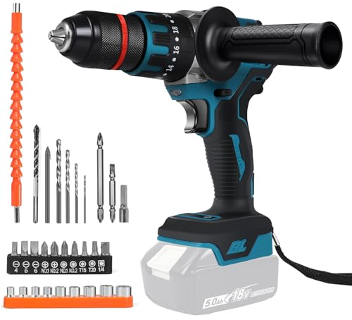 Trapano avvitatore a batteria compatibile con batteria al litio Makita 18 V, trapano a percussione senza spazzole da 120 Nm con 20 + 3 livelli di coppia, mandrino da 13 mm, lampada da lavoro a LED