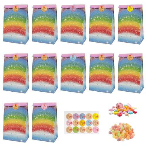12 Stück Bunte Papier Partytüten, Tragbar Regenbogen Klein Geschenktüten | Konfetti Papiertüten mit Aufkleber, Wiederverwendbar Lieblich Candy Papiertüten für Hochzeit Geburtstagsfeier(Starlit Sky)