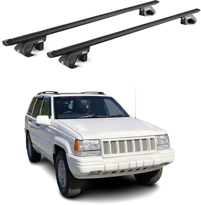 OMAC Dachträger für Jeep Grand Cherokee ZJ 1993-1998 Aluminium Schwarz | TÜV geprüft, bis 90 kg Traglast, T-Nut-Befestigung, für Standard-Dachreling geeignet, Querträger, Grundträger
