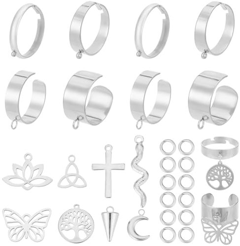 SUNNYCLUE 1 boîte 8 ensembles 36 pièces Bague en Acier Inoxydable avec Breloque Bagues Réglables 18mm Argent Lune Papillon Arbre de Vie Bague Pendante pour la Fabrication de Bijoux Bagues Bricolage Ac