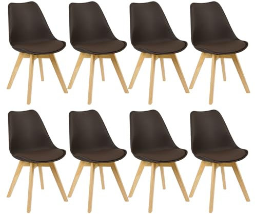 WOLTU Esszimmerstühle 8er Set, Skandinavische Küchenstühle Retro Design, Sitzfläche aus Kunstleder, mit Massivholz Beinen, bis 150 kg belastbar, Braun