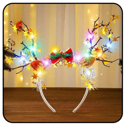 Zoestar Bandeau lumineux de Noël doré à LED en bois de renne avec étoiles lumineuses - Nœud - Clochette - Accessoires pour cheveux pour femme