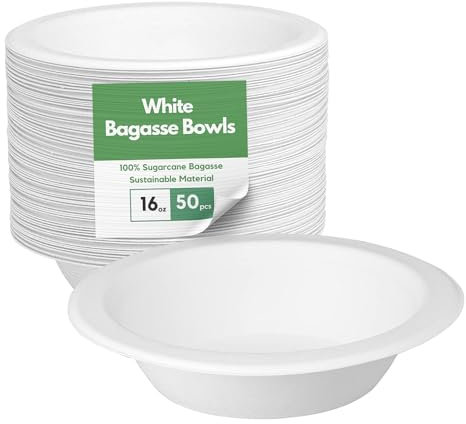 CaterCo Bagasse Sugarcane 16oz / 370ml Bowls - Strong, Disposable, Biodegradable, Compostable Eco-Friendly White Paper Bowl for Soup, Salad, Dessert, Party, BBQ - 16oz Bowls - 50 Pack