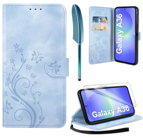 AROYI Lederhülle für Samsung Galaxy A36 5G Hülle und Schutzfolie | Nebliges Blau Flip Wallet Handyhülle PU Leder Magnet Ständer Tascher Kartenfach Case Schutzhülle
