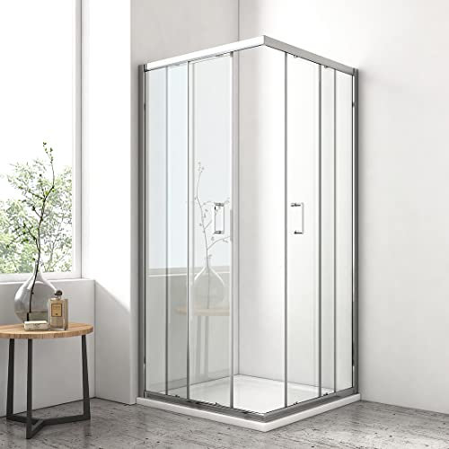 EMKE Duschkabine 90x90x195 cm Eckeinstieg mit Schiebetüren, Duschabtrennung Doppel Schiebetür Dusche, Eckeinstieg Duschkabine Duschwand Duschtür 5mm ESG Glas, Duschkabinen Fertigdusche Komplettdusche
