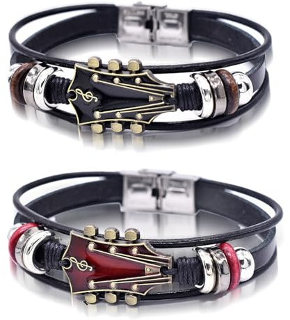 Ensemble de 2 bracelets de guitare rétro en similicuir, bracelet en cuir véritable pour guitare rock en alliage de zinc, bracelet enveloppant multicouche tressé à la main pour guitare (2PCS-A)