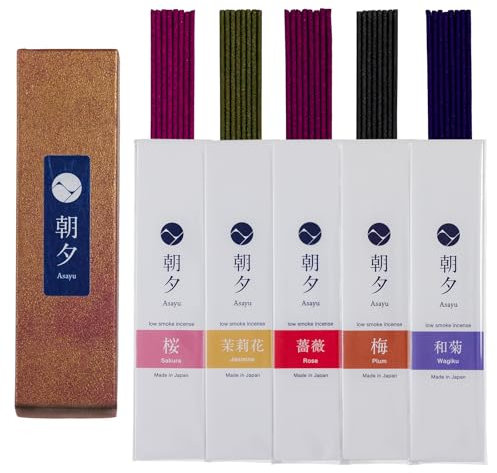 Asayu Japan Variedad de Varillas de Incienso Japonés Natural, Conjunto de 5 fragancias (Sakura, Jazmín, Rosa, Ciruelo y Wagiku) Hecho en Japón, Meditación Matutina y Nocturna