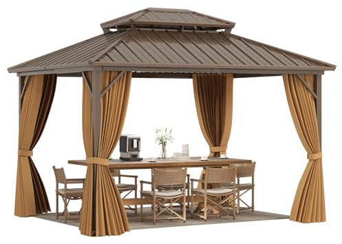 HOMASIS 3,5 x 3 m Alu Pavillon, Wasserdicht Gartenpavillon mit Moskitonetz, Vorhang & Doppeldach, Wetterfest Stabil Partyzelt mit Sonnenschutz, Gartenzelt für Garten Party Terrasse Hinterhof