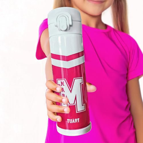 Borraccia termica personalizzabile con nome e colore - bottiglia per bambini in stile college americano - Apertura con una mano tramite pulsante a scatto.