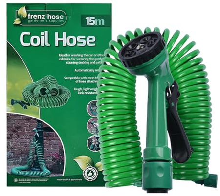 Efymosce Manguera en Espiral de Jardín, Manguera de agua Extensible, Manguera de Riego Espiral, 7 Modalidades de Riego, Inclye Pistola, Verde (15M)