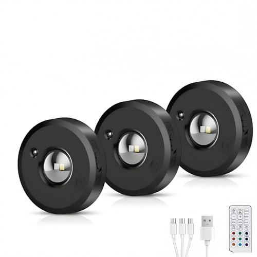 Epochglo RGB LED Spot Akku mit fernbedienung, Schrankbeleuchtung USB Aufladbar Dimmbar Vitrinenbeleuchtung LED Kabellos Rund Lampe Batterie Unterbauleuchte Indirekte Beleuchtung mit Timer Magnet