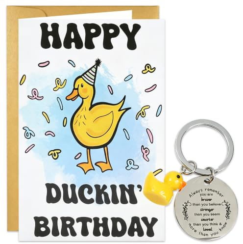 Wasise Duck Birthday Card - Cute Happy Duckin Birthday Card with Duck Keychain, Funny joke adorable Quirky Ducks Cards, Personalised Animal Gifts for Friend, Animal Cards for Adults