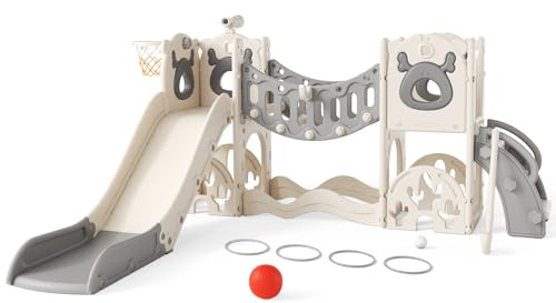 Brolteja Toddler Slide,Elk Theme Toddler Slide with Long Climbing Bridge Corridor,Golf Set,basketball Hoop, Climbing Frames,Baby Slide for Toddlers 1-3 Years Old,In&Outdoor Use (Beige Grey-7 in 1)