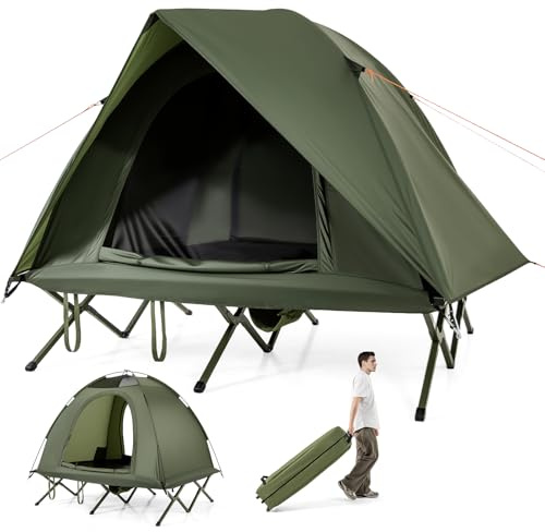 GOPLUS Tienda de Campaña con Cama para 2 Personas, Toldo con Cama Elevada, Bolsa de Transporte de Ruedas, Claraboya Transparente, Funda Paar Lluvia Impermeable, Verde (194x145x150 cm)