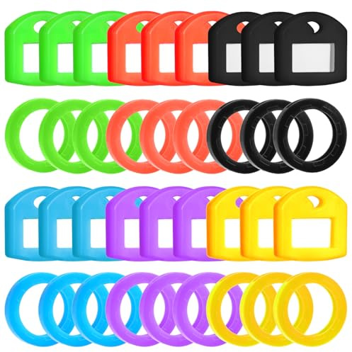 36PCS Key Covers Caps, Key Identifiers with Blank Labels, Silicone Key Identifiers Covers, for Common Flat Household Keys (8 Colors Each for Square and Round)